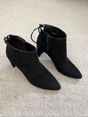 Stuart Weitzman Black Suede Pointed Toe Ankle Booties with Rear Tie